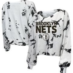 NBA - Brooklyn Nets Majestic Threads Women's Aquarius Tie-Dye Cropped V-Neck Long Sleeve T-Shirt - White/Black