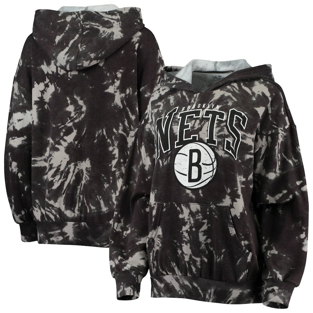 NBA - Brooklyn Nets Majestic Threads Women's Burble Tie-Dye Tri-Blend Pullover Hoodie - Black