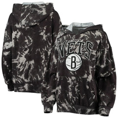 NBA - Brooklyn Nets Majestic Threads Women's Burble Tie-Dye Tri-Blend Pullover Hoodie - Black