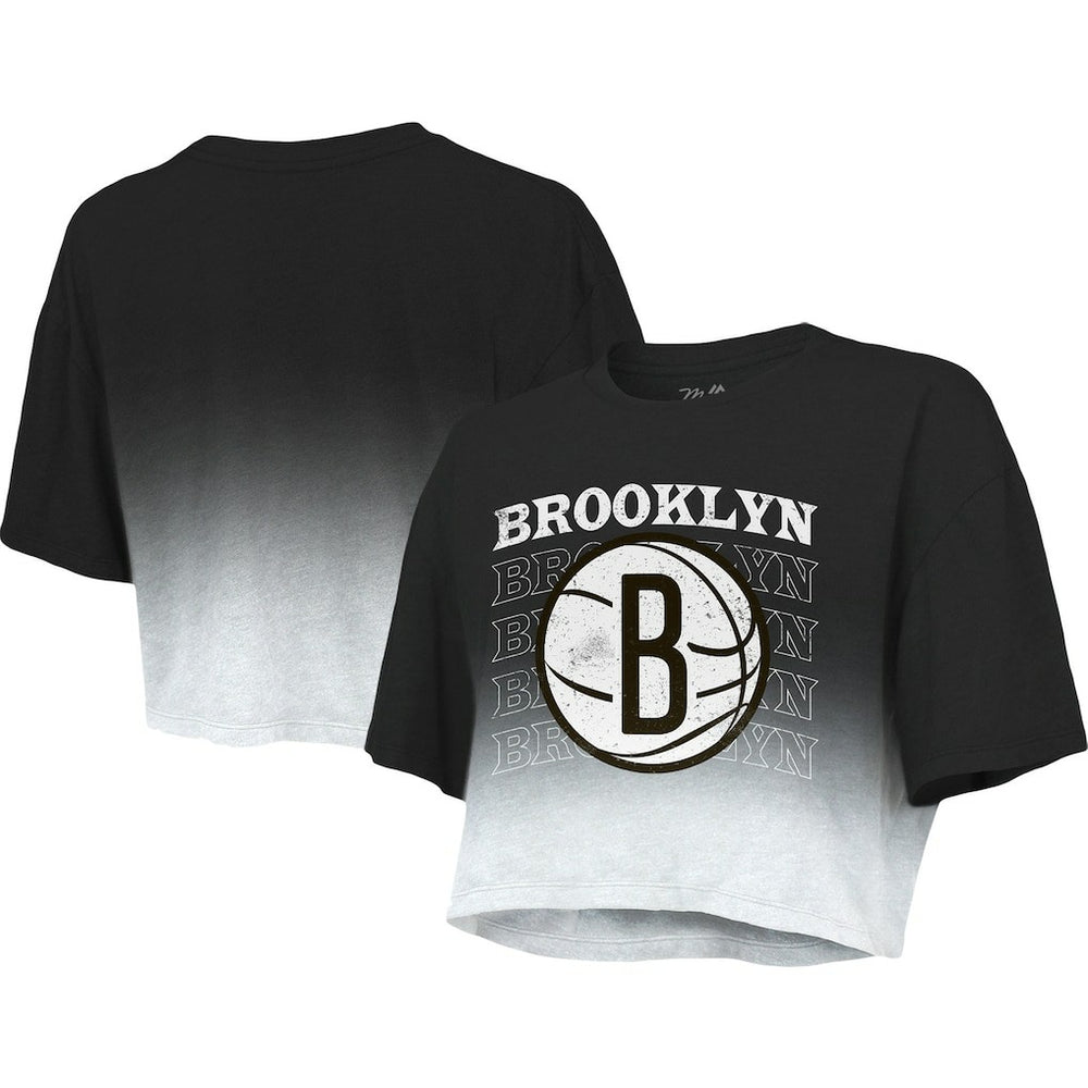 NBA - Brooklyn Nets Majestic Threads Women's Repeat Dip-Dye Cropped T-Shirt - Black/White