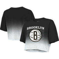 NBA - Brooklyn Nets Majestic Threads Women's Repeat Dip-Dye Cropped T-Shirt - Black/White