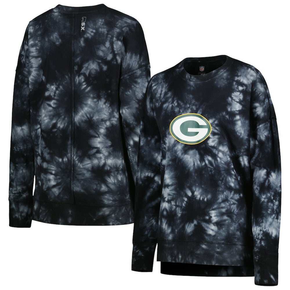 Green Bay Packers MSX by Michael Strahan Women's Bailey Tie-Dye Tri-Blend Pullover Sweatshirt Black - NFL