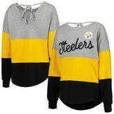Pittsburgh Steelers Touch Women's Outfield Deep V-Back Waist Length Pullover Sweatshirt Heather Gray/Black - NFL