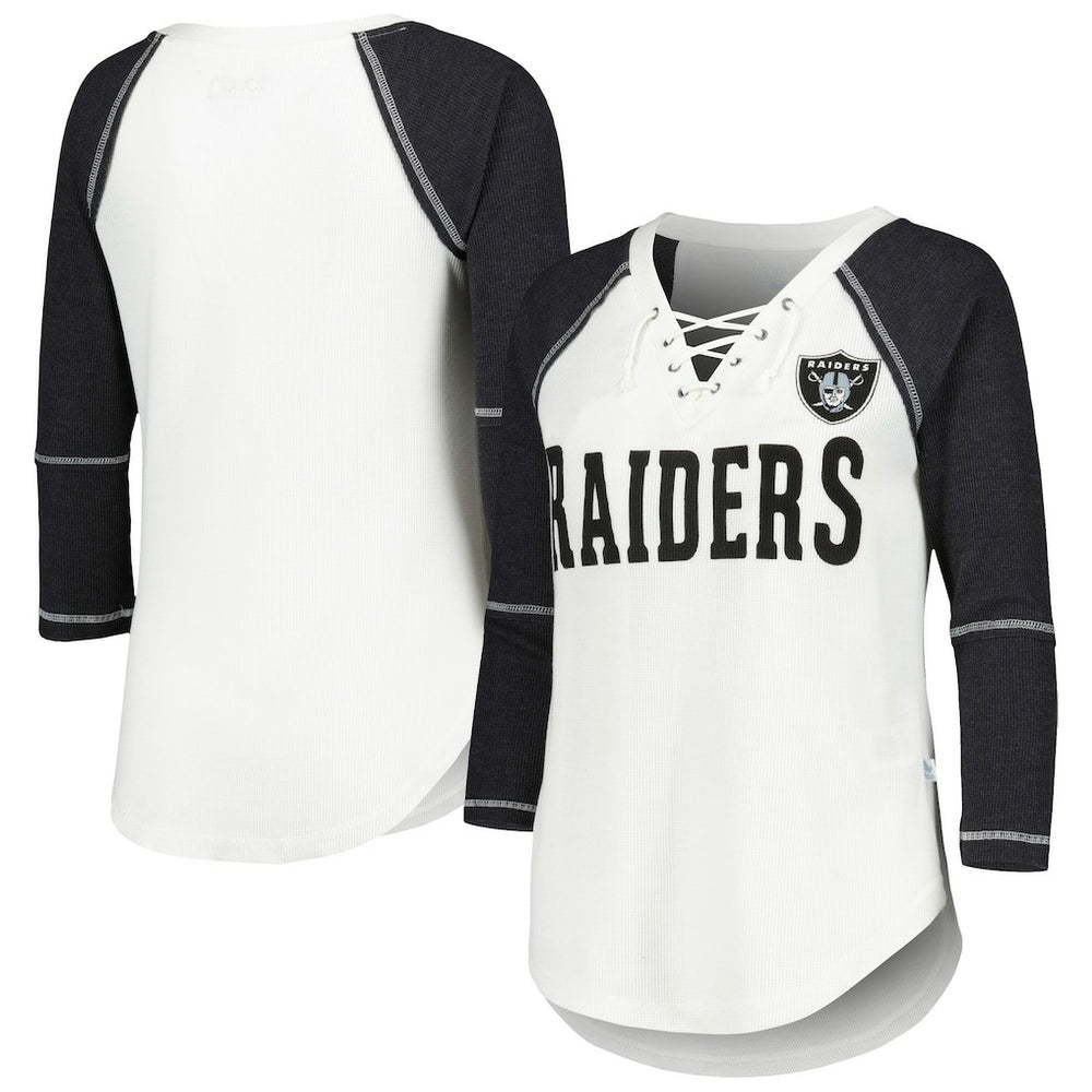 Las Vegas Raiders Touch Women's Rebel Raglan Tri-Blend 3/4-Sleeve Lace-Up V-Neck T-Shirt White/Black - NFL
