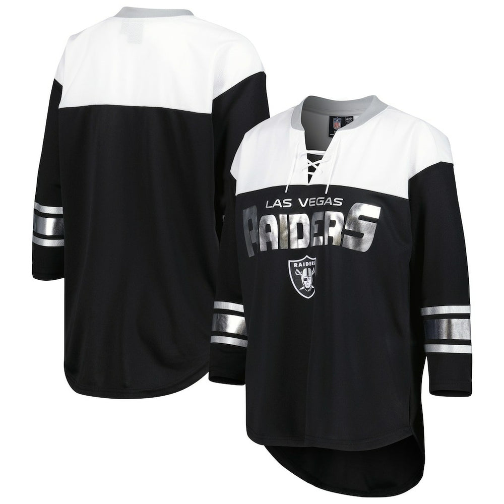 Las Vegas Raiders G-III 4Her by Carl Banks Women's Double Team 3/4-Sleeve Lace-Up T-Shirt Black/White - NFL