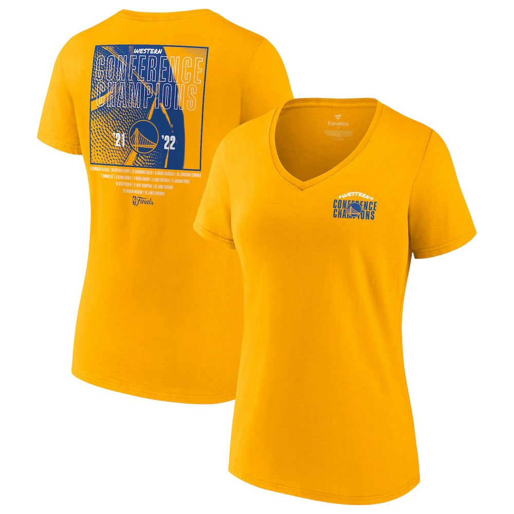 Fanatics - Golden State Warriors Women's 2022 Western Conference Champions Balanced Attack Roster V-Neck T-Shirt - Gold