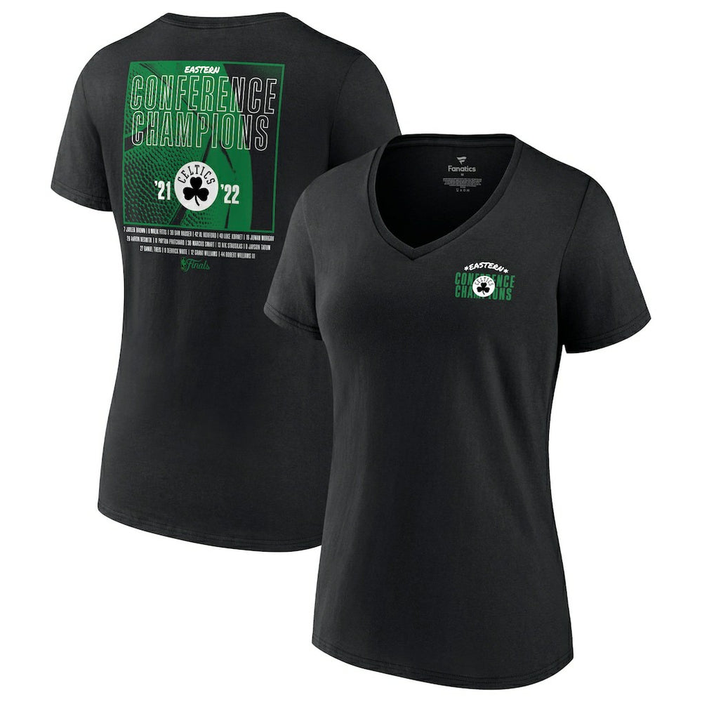 Fanatics - Boston Celtics Women's 2022 Eastern Conference Champions Balanced Attack Roster V-Neck T-Shirt - Black