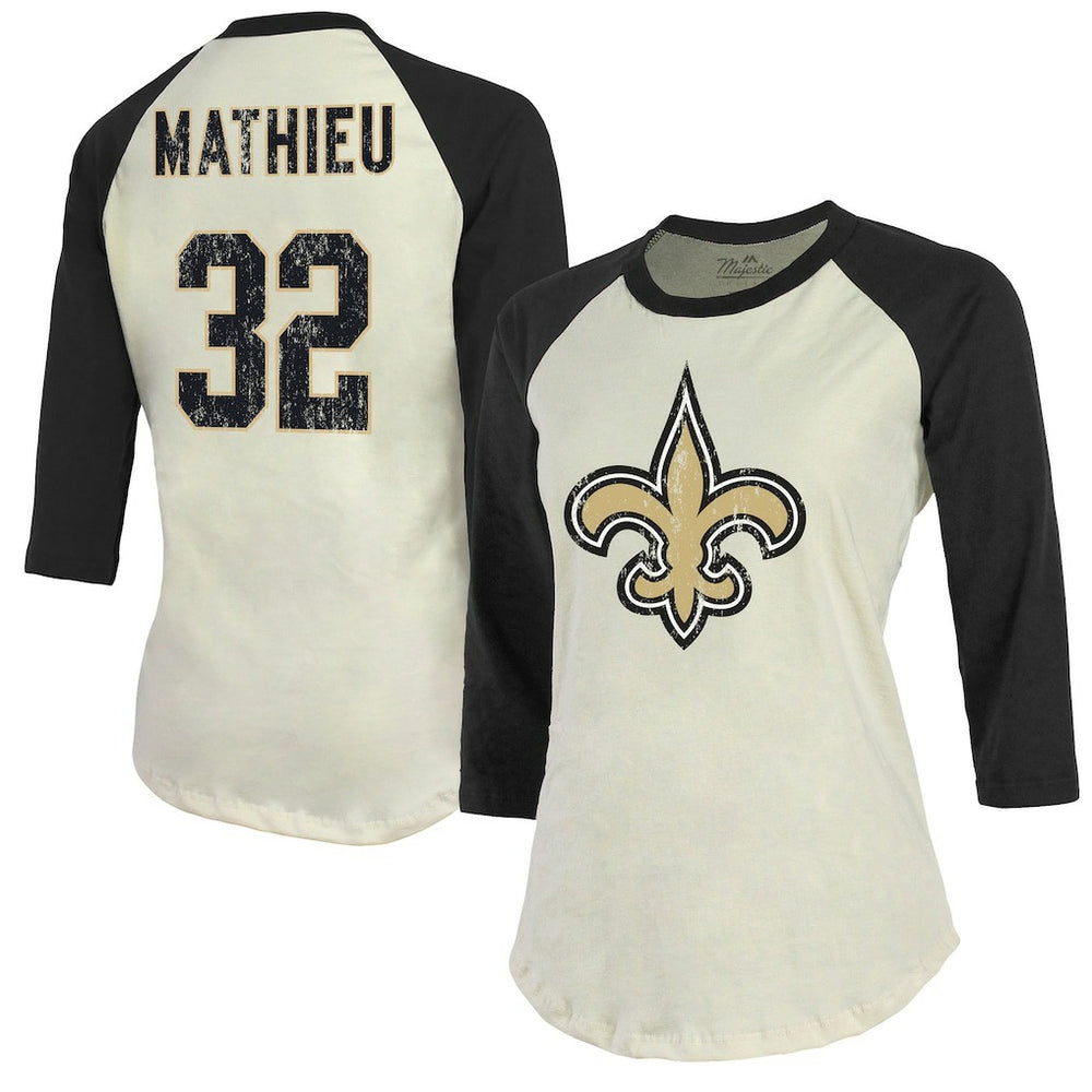 Tyrann Mathieu New Orleans Saints Majestic Threads Women's Player Name & Number Tri-Blend Three-Quarter Sleeve T-Shirt Cream - NFL