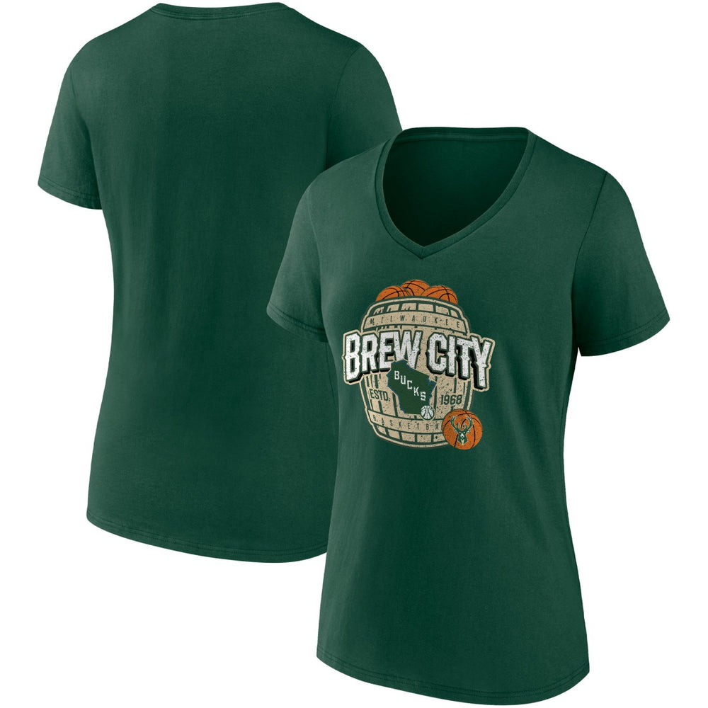 Fanatics - Milwaukee Bucks Women's Hometown Collection Brew City V-Neck T-Shirt - Hunter Green