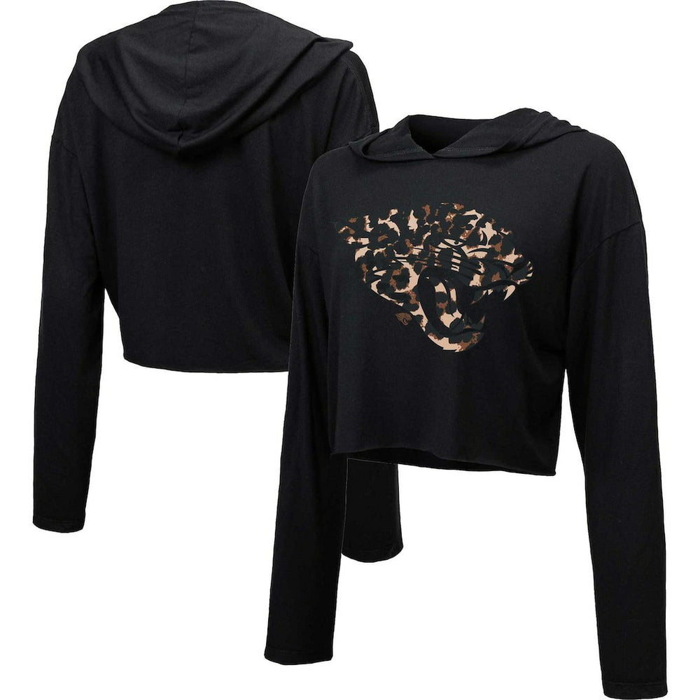 Jacksonville Jaguars Majestic Threads Women's Leopard Cropped Pullover Hoodie Black - NFL