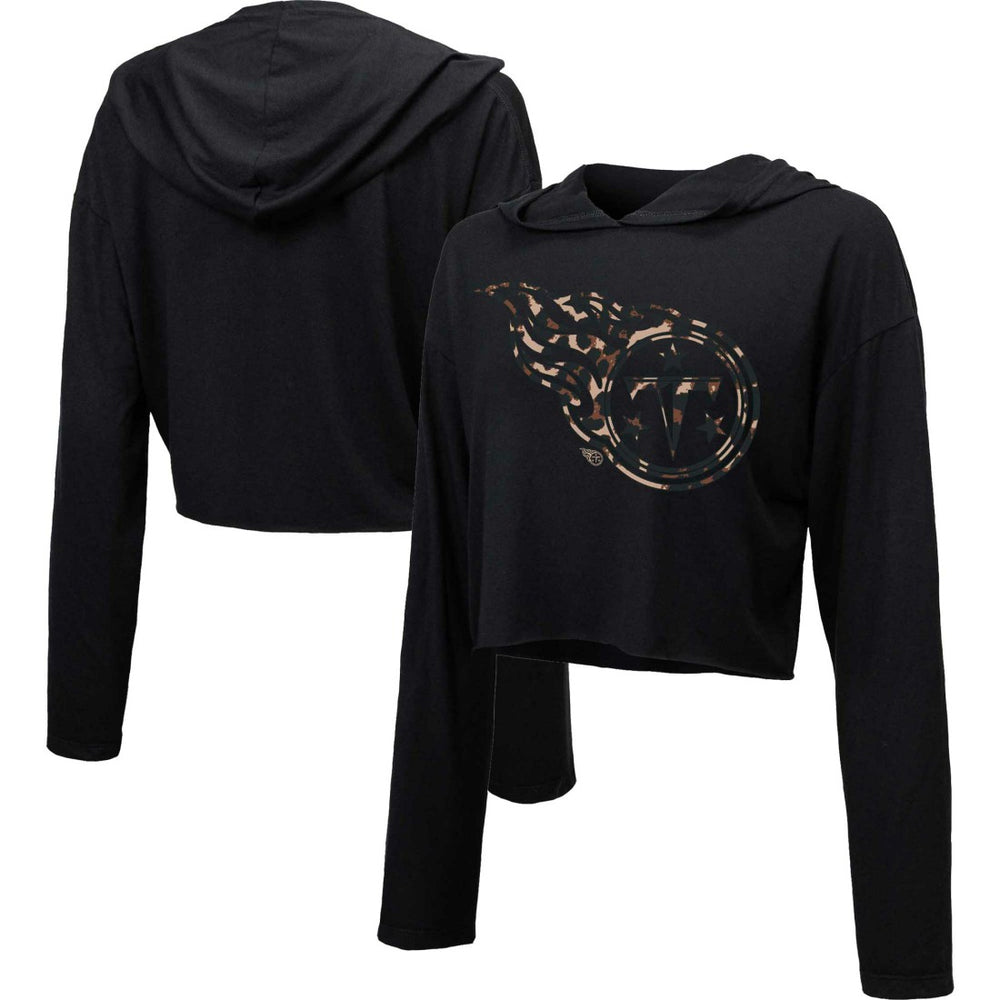 Tennessee Titans Majestic Threads Women's Leopard Cropped Pullover Hoodie Black - NFL