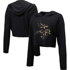Minnesota Vikings Majestic Threads Women's Leopard Cropped Pullover Hoodie Black - NFL