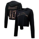 Justin Herbert Los Angeles Chargers Majestic Threads Women's Leopard Player Name & Number Long Sleeve Cropped Hoodie Black - NFL