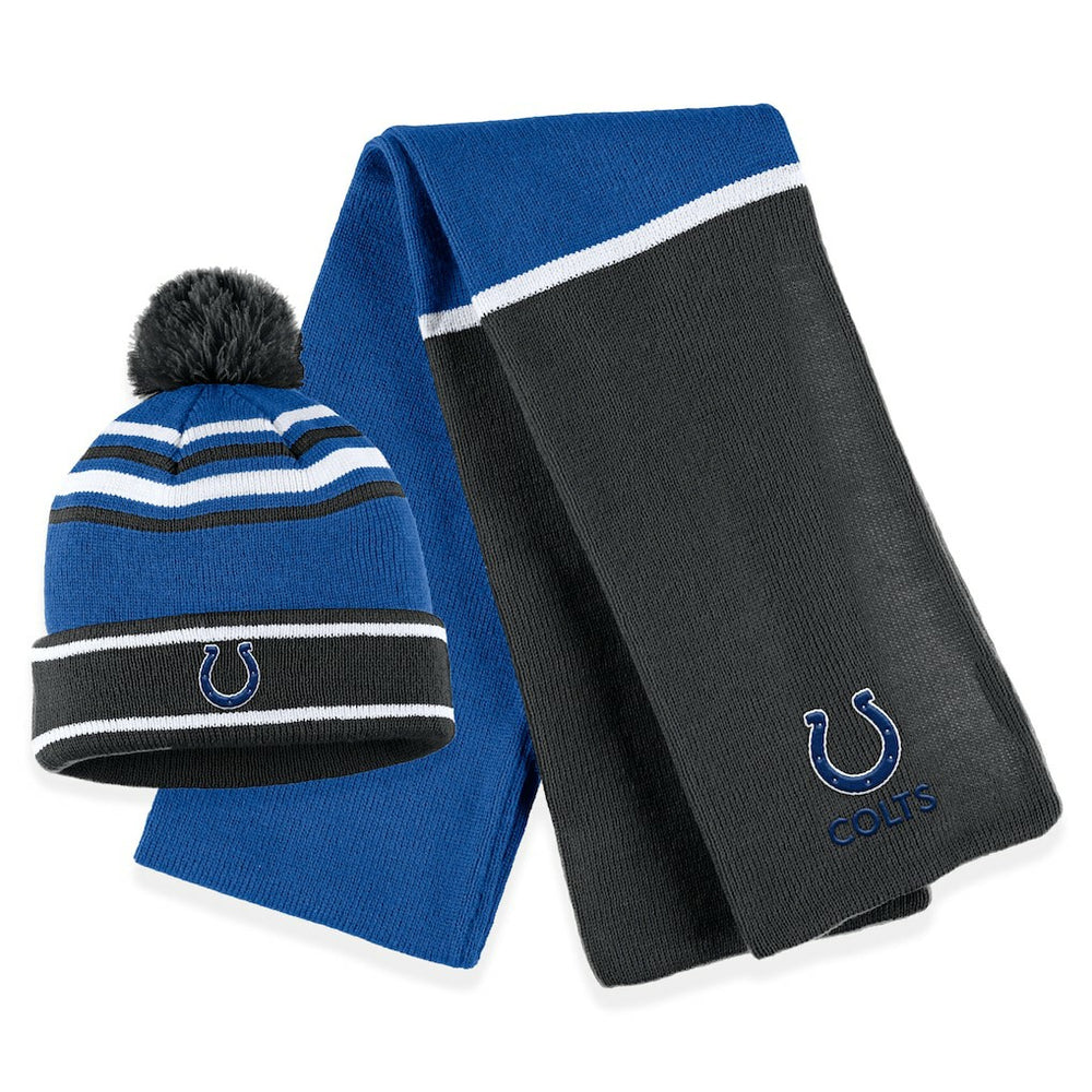 Indianapolis Colts WEAR by Erin Andrews Women's Colorblock Cuffed Knit Hat with Pom and Scarf Set Royal - NFL