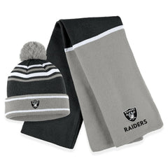 Las Vegas Raiders WEAR by Erin Andrews Women's Colorblock Cuffed Knit Hat with Pom and Scarf Set Black - NFL