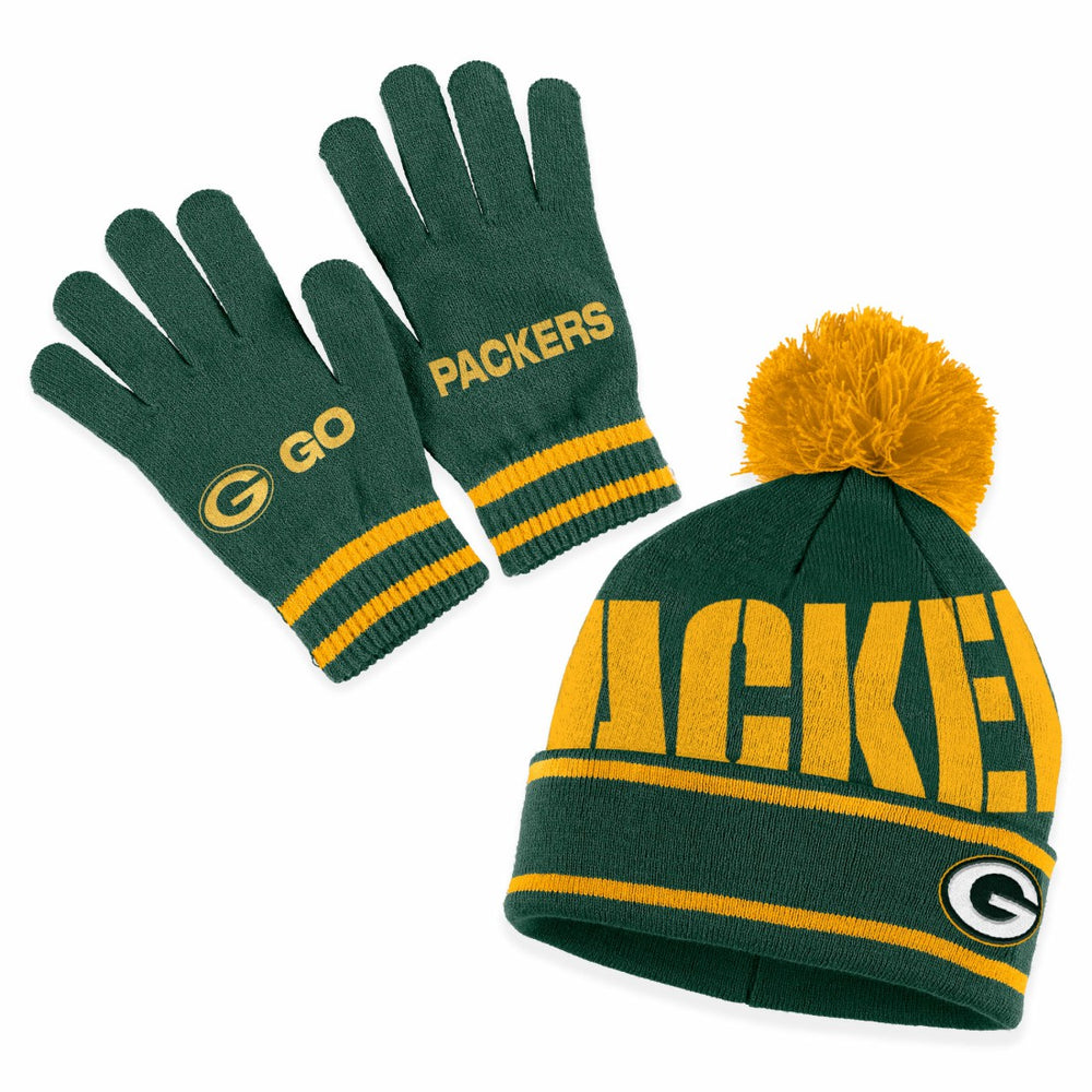 Green Bay Packers WEAR by Erin Andrews Women's Double Jacquard Cuffed Knit Hat with Pom and Gloves Set Green - NFL