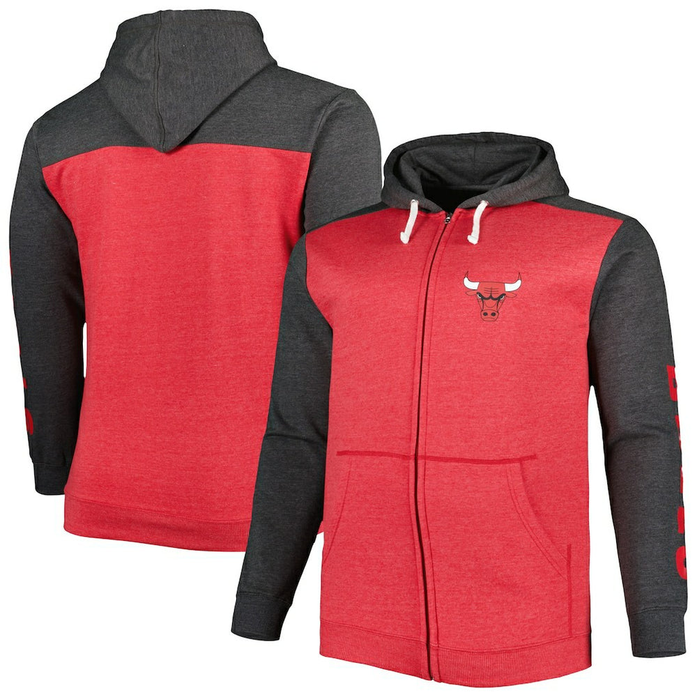 Fanatics - Chicago Bulls Big & Tall Down and Distance Full-Zip Hoodie - Heathered Red/Heathered Black