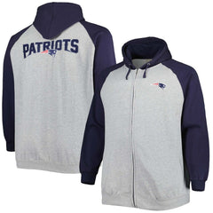 New England Patriots Big & Tall Fleece Raglan Full-Zip Hoodie Jacket Heather Gray - NFL