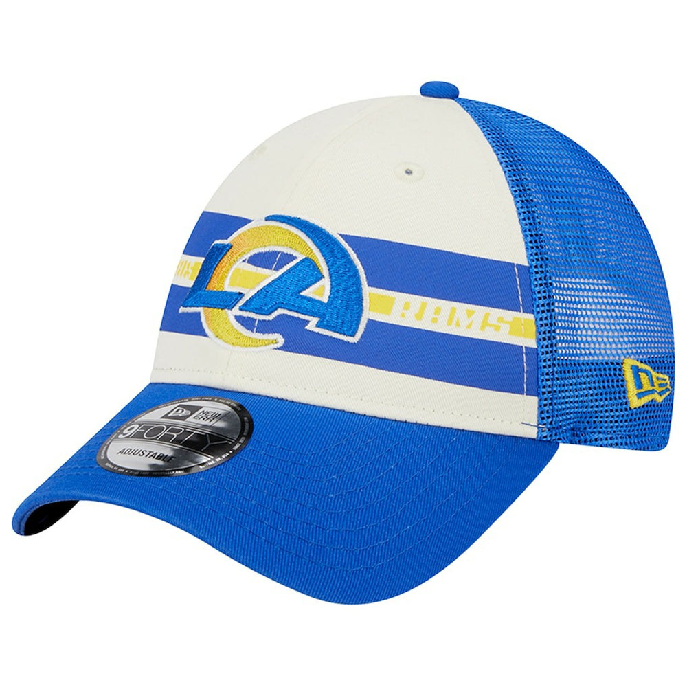 Los Angeles Rams New Era Team Stripe Trucker 9FORTY Snapback Hat Cream/Royal - NFL