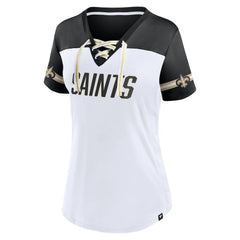 New Orleans Saints Women's Dueling Slant V-Neck Lace-Up T-Shirt White - Fanatics