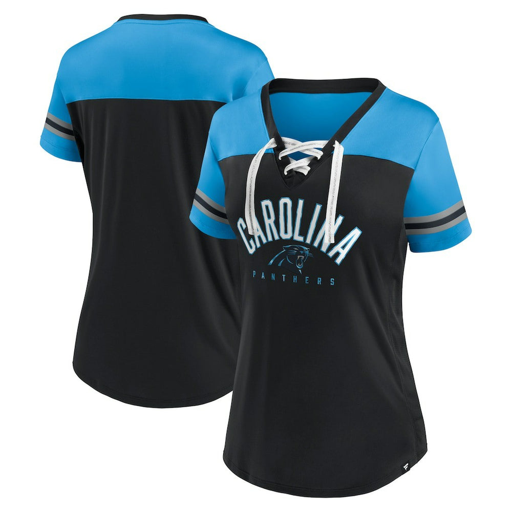 Carolina Panthers Women's Blitz & Glam Lace-Up V-Neck Jersey T-Shirt Black/Blue - Fanatics