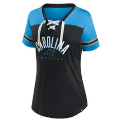 Carolina Panthers Women's Blitz & Glam Lace-Up V-Neck Jersey T-Shirt Black/Blue - Fanatics
