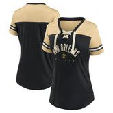 New Orleans Saints Women's Blitz & Glam Lace-Up V-Neck Jersey T-Shirt Black/Vegas Gold - Fanatics