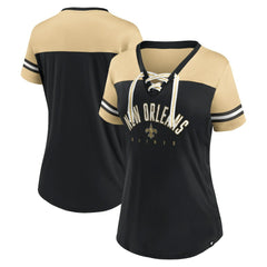 New Orleans Saints Women's Blitz & Glam Lace-Up V-Neck Jersey T-Shirt Black/Vegas Gold - Fanatics