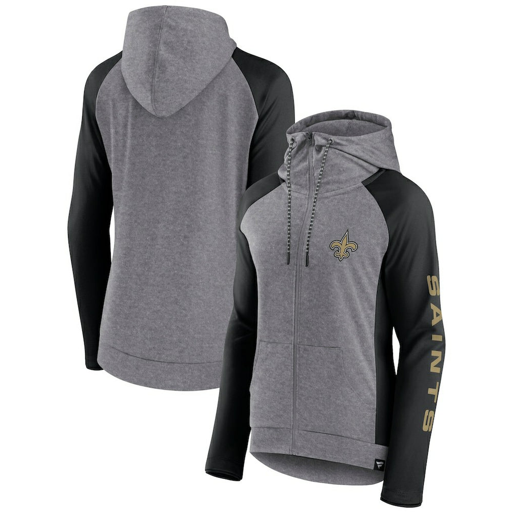 New Orleans Saints Women's Blind Side Lightweight Full-Zip Hoodie Heather Gray/College Black - Fanatics