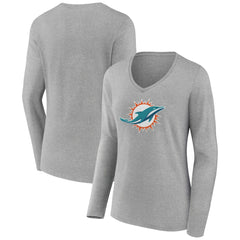 Miami Dolphins Women's Primary Team Logo Long Sleeve V-Neck T-Shirt Heather Gray - NFL