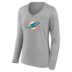 Miami Dolphins Women's Primary Team Logo Long Sleeve V-Neck T-Shirt Heather Gray - NFL