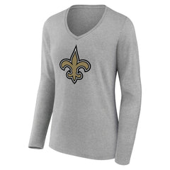 New Orleans Saints Women's Primary Team Logo Long Sleeve V-Neck T-Shirt Heather Gray - NFL