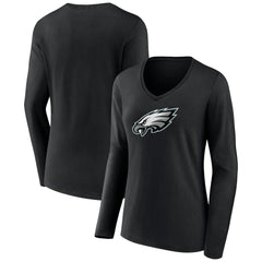 Philadelphia Eagles Women's Primary Team Logo Long Sleeve V-Neck T-Shirt Black - NFL