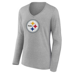 Pittsburgh Steelers Women's Primary Team Logo Long Sleeve V-Neck T-Shirt Heather Gray - NFL