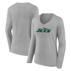 New York Jets Women's Primary Logo Long Sleeve V-Neck T-Shirt Gray - NFL