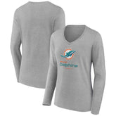 Miami Dolphins Women's Logo Team Lockup Long Sleeve V-Neck T-Shirt Heather Gray - NFL