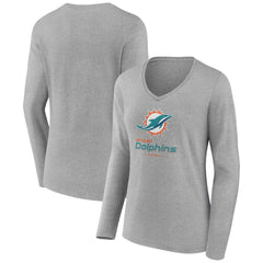 Miami Dolphins Women's Logo Team Lockup Long Sleeve V-Neck T-Shirt Heather Gray - NFL
