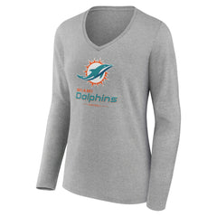Miami Dolphins Women's Logo Team Lockup Long Sleeve V-Neck T-Shirt Heather Gray - NFL