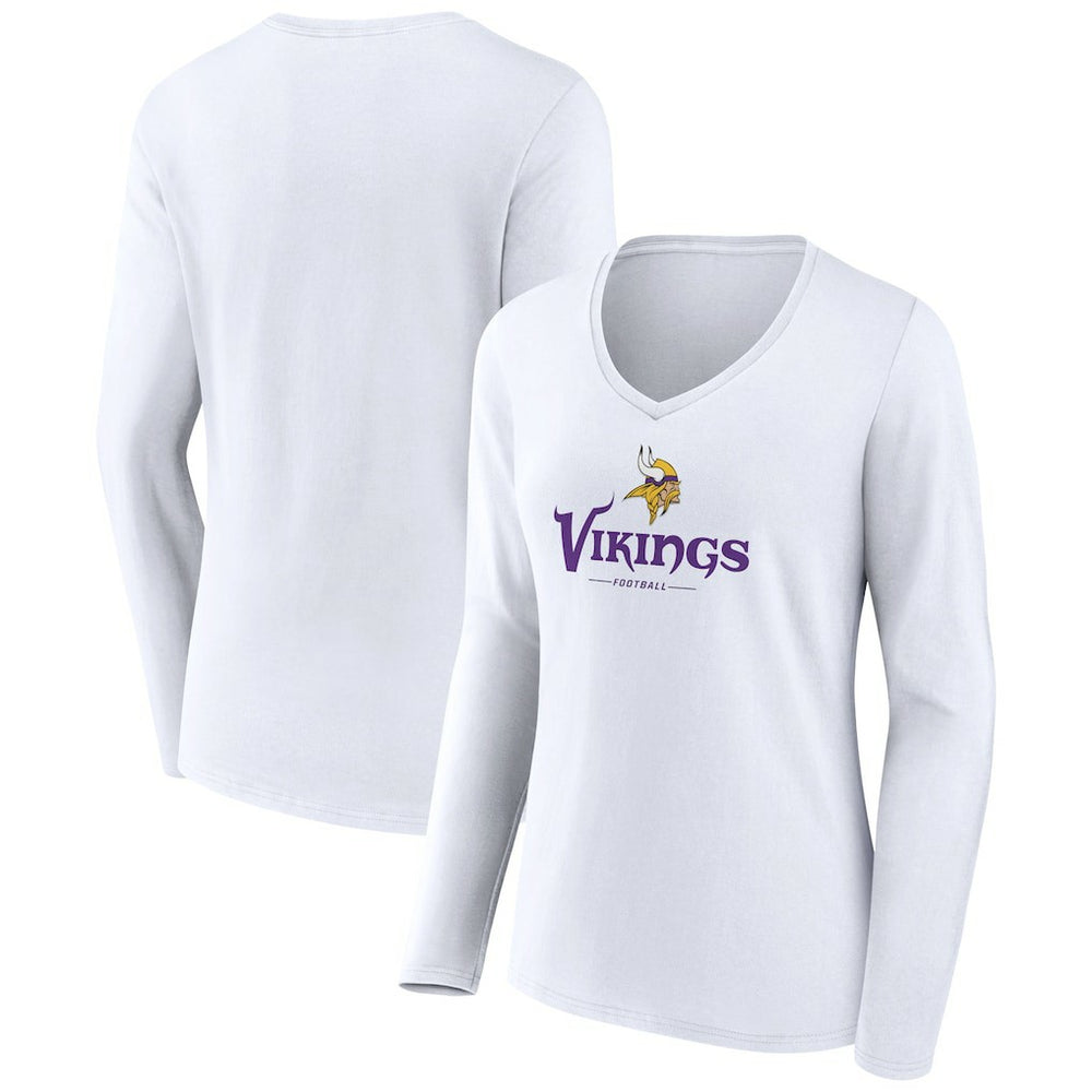 Minnesota Vikings Women's Logo Team Lockup Long Sleeve V-Neck T-Shirt White - NFL