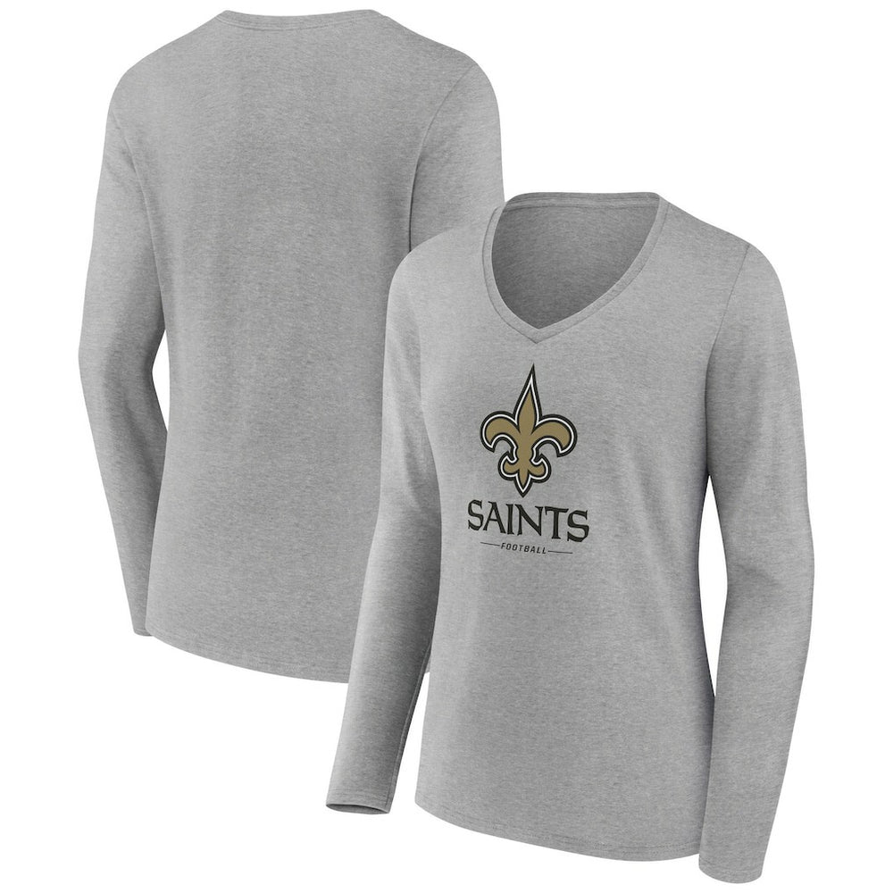 New Orleans Saints Women's Logo Team Lockup Long Sleeve V-Neck T-Shirt Heather Gray - NFL
