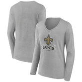 New Orleans Saints Women's Logo Team Lockup Long Sleeve V-Neck T-Shirt Heather Gray - NFL