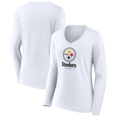 Pittsburgh Steelers Women's Logo Team Lockup Long Sleeve V-Neck T-Shirt White - NFL