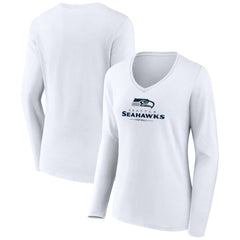 Seattle Seahawks Women's Logo Team Lockup Long Sleeve V-Neck T-Shirt White - NFL