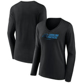 Carolina Panthers Women's Logo Team Lockup Long Sleeve V-Neck T-Shirt Black - NFL