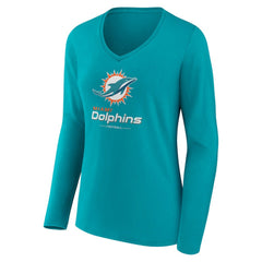 Miami Dolphins Women's Logo Team Lockup Long Sleeve V-Neck T-Shirt Aqua - NFL