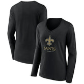 New Orleans Saints Women's Logo Team Lockup Long Sleeve V-Neck T-Shirt Black - NFL