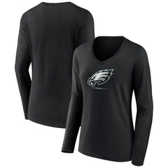 Philadelphia Eagles Women's Logo Team Lockup Long Sleeve V-Neck T-Shirt Black - NFL