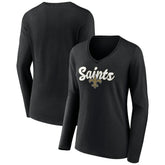 New Orleans Saints Women's Freehand Team Long Sleeve V-Neck T-Shirt Black - NFL
