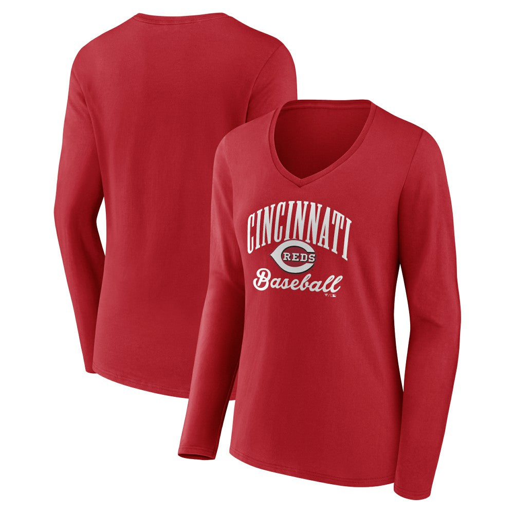 Cincinnati Reds Women's Victory Script Long Sleeve V-Neck T-Shirt On Sale