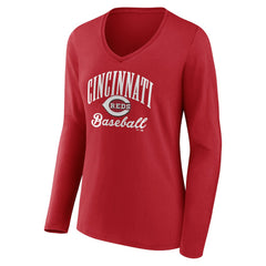 Cincinnati Reds Women's Victory Script Long Sleeve V-Neck T-Shirt On Sale